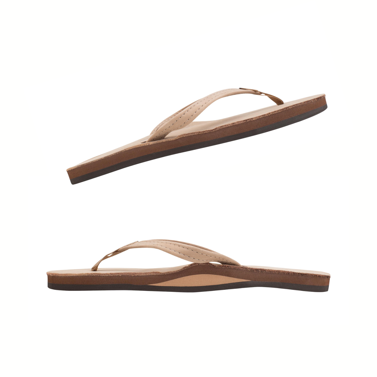 Two RAINBOW SANDALS Single Layer Premier Leather sandals for ladies, featuring arch support and a 1/2" narrow strap, are shown in profile with beige uppers and brown soles on a white background.