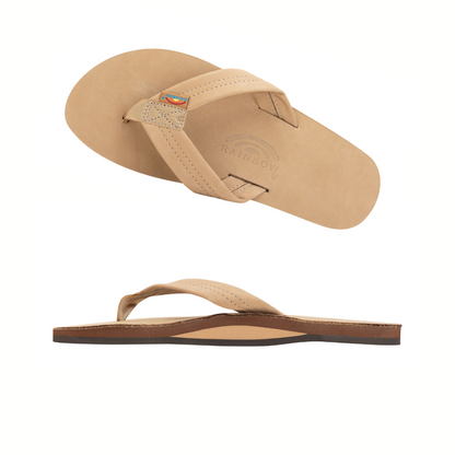 RAINBOW SANDALS Single Layer Premier Leather with Arch Support 1" Strap Men's flip-flop in tan nubuck leather, shown from top and side views, features a stitched strap, arch support, flat sole, and "Rainbow" branding on the footbed.