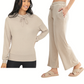 A woman wears the Mono B Brushed Cowl Neck Lounge Pullover, while another models the matching Wide Leg Lounge Pant from the cozy set.