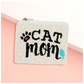 The Wona Trading Seed Bead Accented Mini Pouch Bag features "CAT mom" text, a cat paw graphic, and blue accents on a pink and white base—an adorable gift for any fashionista.