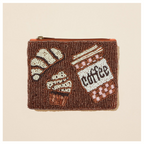 The Seed Bead Accented Mini Pouch Bag Assorted by Wona Trading features coffee, croissant, and muffin seed bead designs—perfect as a chic gift for your style-savvy friends.