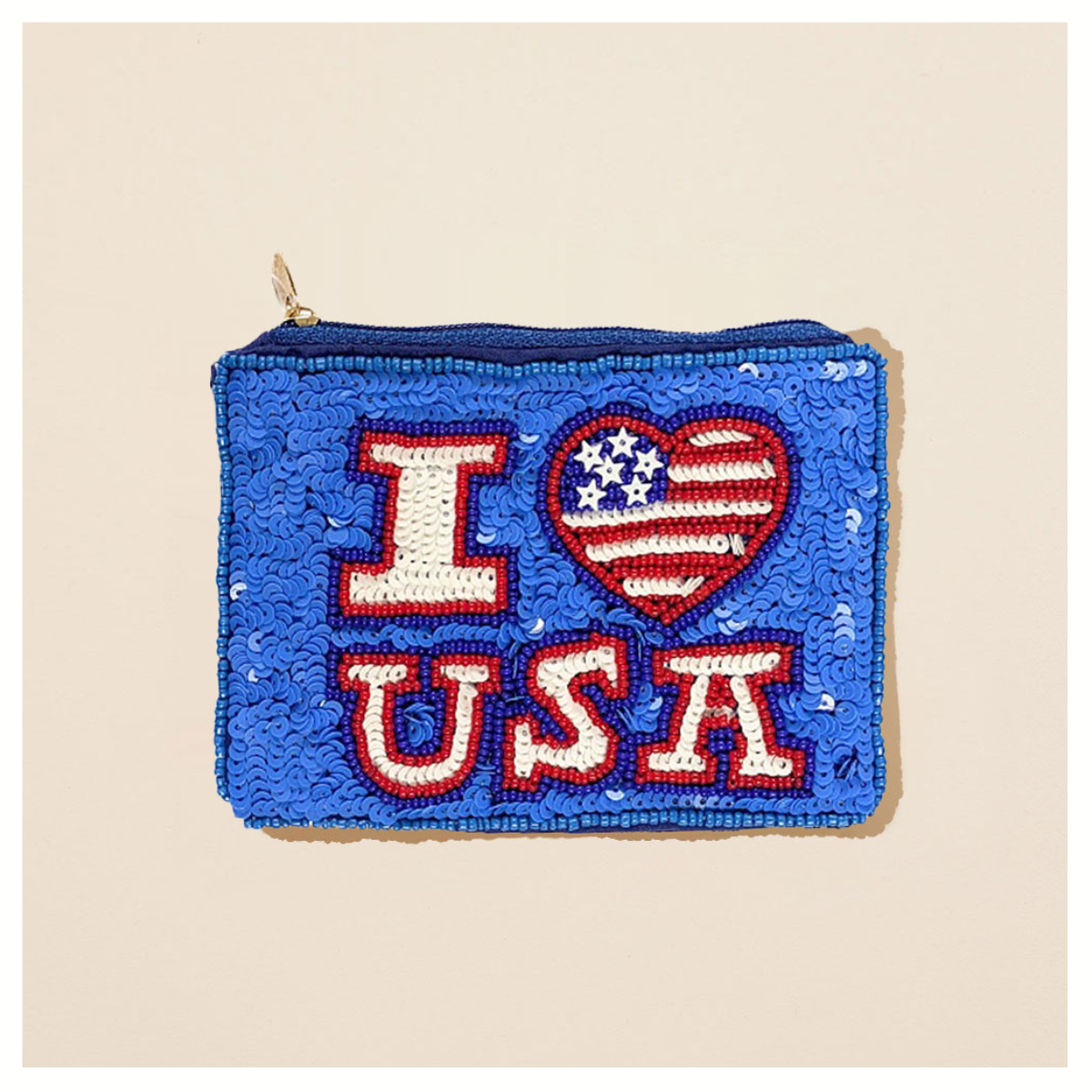 The Wona Trading Seed Bead Accented Mini Pouch Bag features "I ♥ USA" with a flag heart and a top zipper—an ideal patriotic gift for fashion lovers.