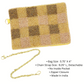 The Seed Bead Accented Mini Pouch Bag Assorted by Wona Trading features a rectangular gold and brown checkered design, gold chain strap, zipper closure, and measures 5.75"x4". Made in India—an ideal gift for stylish accessory lovers.