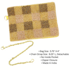 The Seed Bead Accented Mini Pouch Bag Assorted by Wona Trading features a rectangular gold and brown checkered design, gold chain strap, zipper closure, and measures 5.75"x4". Made in India—an ideal gift for stylish accessory lovers.