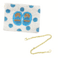 The Wona Trading Seed Bead Accented Mini Pouch Bag Assorted features white beads with blue and brown shoe designs, blue dots, and a detachable gold chain—ideal as a chic coin pouch or unique gift for any fashionista.