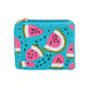 The Seed Bead Accented Mini Pouch Bag Assorted by Wona Trading features pink and green watermelon slice designs on a blue background, making it a charming gift or stylish coin pouch.