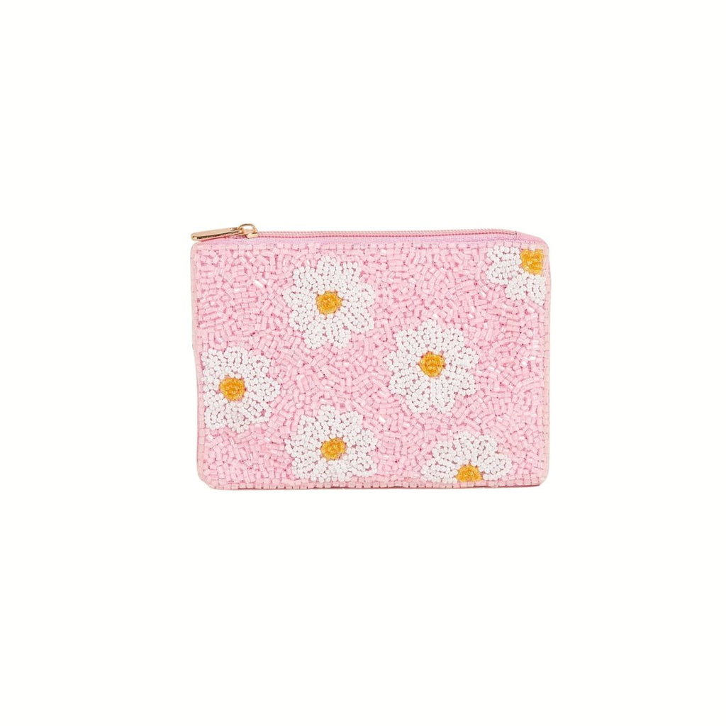 The Wona Trading Seed Bead Accented Mini Pouch Bag Assorted is a small pink pouch adorned with white and yellow daisy beads—a charming coin holder and perfect gift.