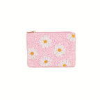 The Wona Trading Seed Bead Accented Mini Pouch Bag Assorted is a small pink pouch adorned with white and yellow daisy beads—a charming coin holder and perfect gift.