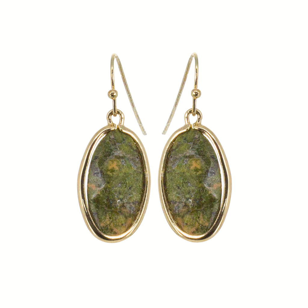 FASHION GO's Semi Precious Stone Earrings feature gold-framed ovals with green, naturally mottled centers, displayed against a white background.