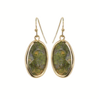 FASHION GO's Semi Precious Stone Earrings feature gold-framed ovals with green, naturally mottled centers, displayed against a white background.