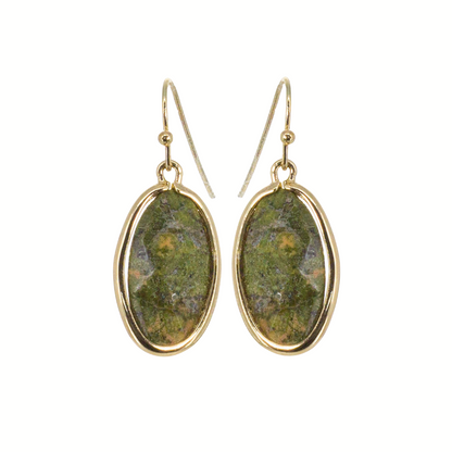 FASHION GO's Semi Precious Stone Earrings feature gold-framed ovals with green, naturally mottled centers, displayed against a white background.