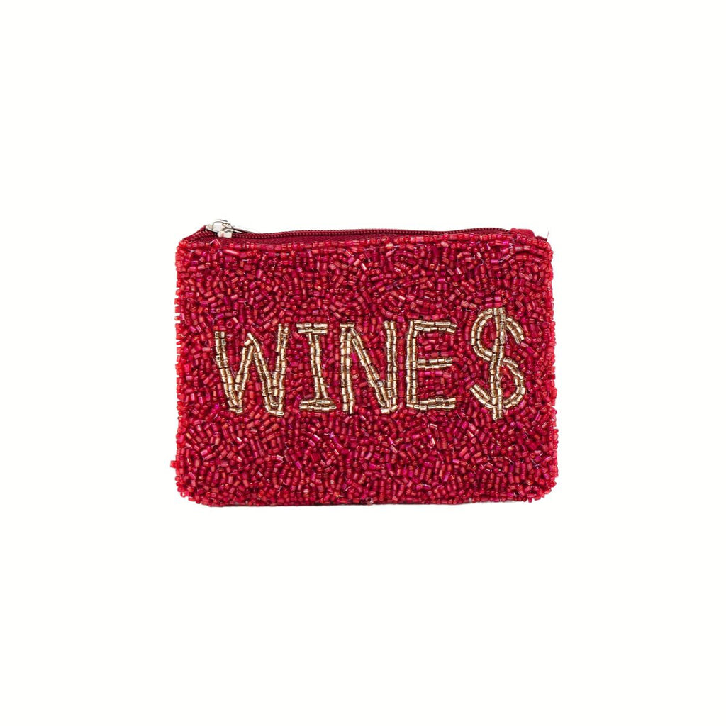 The Seed Bead Accented Mini Pouch Bag by Wona Trading is a rectangular red clutch featuring "WINES" in gold beads with the "S" as a dollar sign, perfect as a gift or stylish accessory.