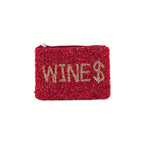 The Seed Bead Accented Mini Pouch Bag by Wona Trading is a rectangular red clutch featuring "WINES" in gold beads with the "S" as a dollar sign, perfect as a gift or stylish accessory.