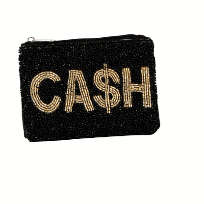 The Wona Trading Seed Bead Accented Mini Pouch Bag Assorted features stylish black beads with gold "CA$H" seed beadwork—an ideal gift for fashionistas or a chic coin pouch for yourself.