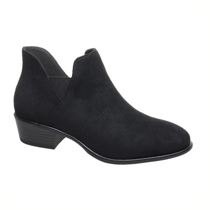 The Talita-3 Ankle Bootie by OLEM SHOE CORP is a black faux suede bootie with a low block heel and side cutout, shown on a white background.