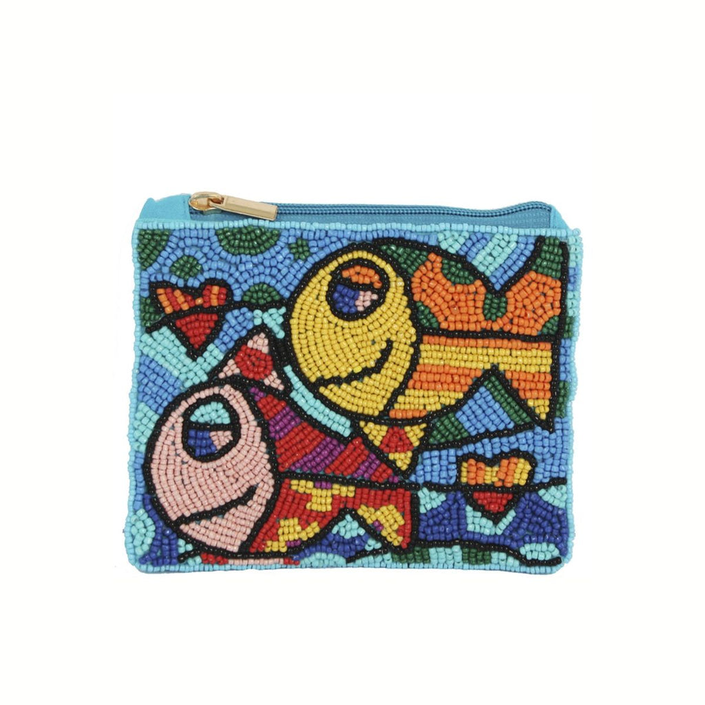 The Seed Bead Accented Mini Pouch Bag Assorted by Wona Trading features a vibrant abstract fish design with gold zipper—an eye-catching gift for fashion lovers.
