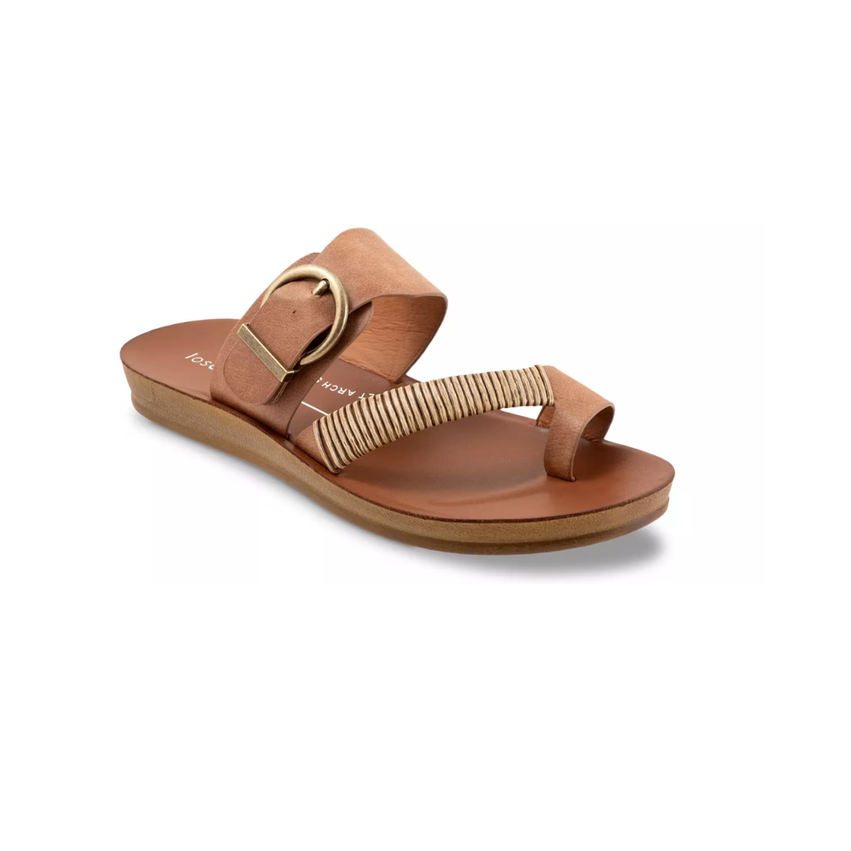 Introducing Los Cabos' Bria Sandals, a chic brown sandal featuring a stylish thick strap with an antique buckle and a thin striped strap. The elegant design includes a woven bamboo wrap over the flat sole, making it perfect for casual outings.