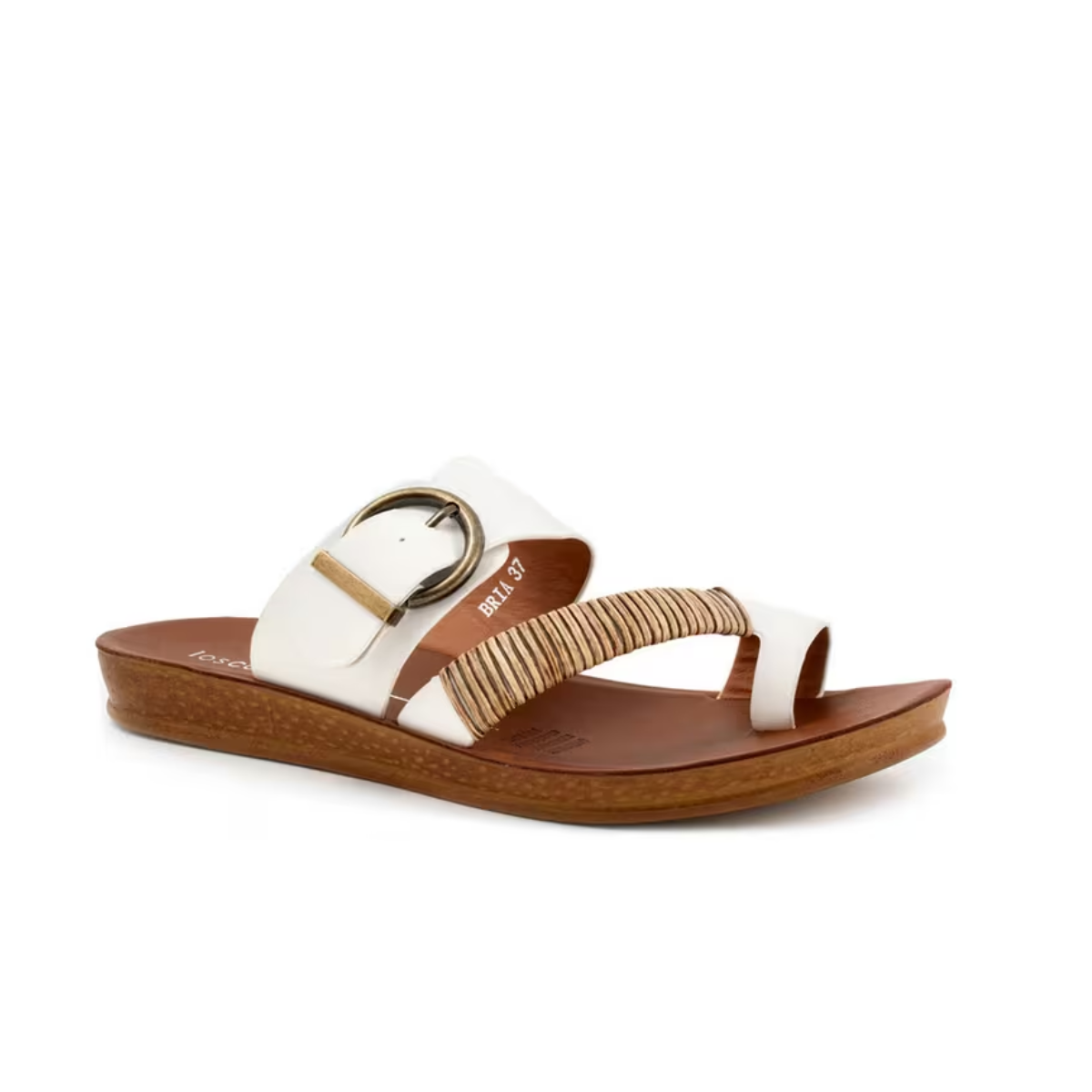 Discover the Bria Sandals by Los Cabos: crafted in white leather with elegant dual straps—one broad with an antique buckle and one slim. They feature a brown cushioned footbed and textured sole, combining style and comfort for daily wear.
