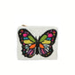 The Wona Trading Seed Bead Accented Mini Pouch Bag Assorted features stylish white beads and a vibrant butterfly, making it a chic coin pouch or thoughtful gift for fashionistas.