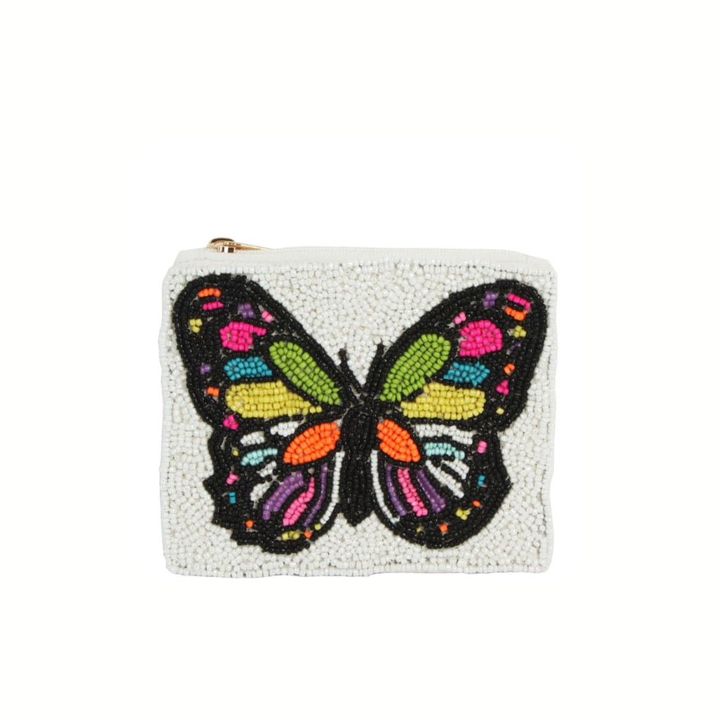 The Wona Trading Seed Bead Accented Mini Pouch Bag Assorted features stylish white beads and a vibrant butterfly, making it a chic coin pouch or thoughtful gift for fashionistas.
