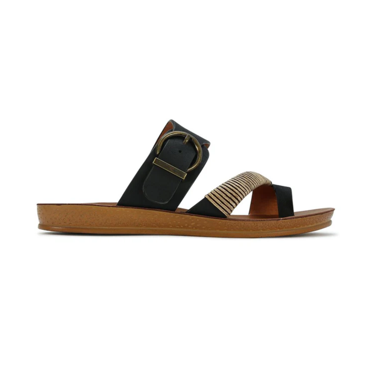 The Los Cabos Bria Sandals showcase a chic black style with an adjustable strap, antique buckle, and striped accent strap, paired with an earthy brown sole.