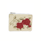 The Wona Trading Seed Bead Accented Mini Pouch Bag Assorted is a small white rectangular pouch with a zipper and beaded red flowers with green leaves—ideal as a chic coin purse or a stylish gift for fashion lovers.