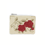 The Wona Trading Seed Bead Accented Mini Pouch Bag Assorted is a small white rectangular pouch with a zipper and beaded red flowers with green leaves—ideal as a chic coin purse or a stylish gift for fashion lovers.