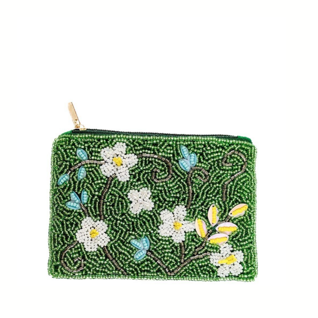 The Wona Trading Seed Bead Accented Mini Pouch Bag Assorted is a small green zip pouch with white floral beads, blue butterflies, and yellow leaves—a charming coin pouch and perfect gift for fashion lovers.