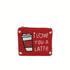 The Seed Bead Accented Mini Pouch Bag Assorted by Wona Trading is a small red pouch featuring a coffee cup, "I LOVE YOU A LATTE" text, heart designs—an adorable coin purse and perfect gift for fashion lovers.