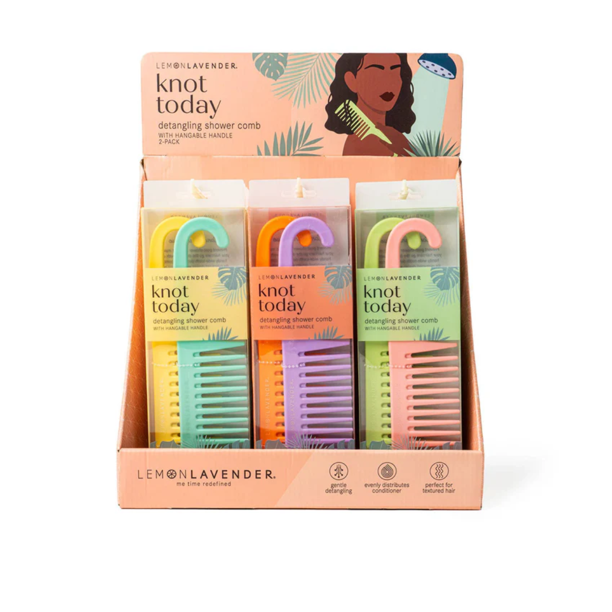 Display of three vibrant DM MERCHANDISING INC Knot Today Detangling Combs, available in assorted colors with lively packaging in yellow, orange, and pink by Lemon Lavender. Main image