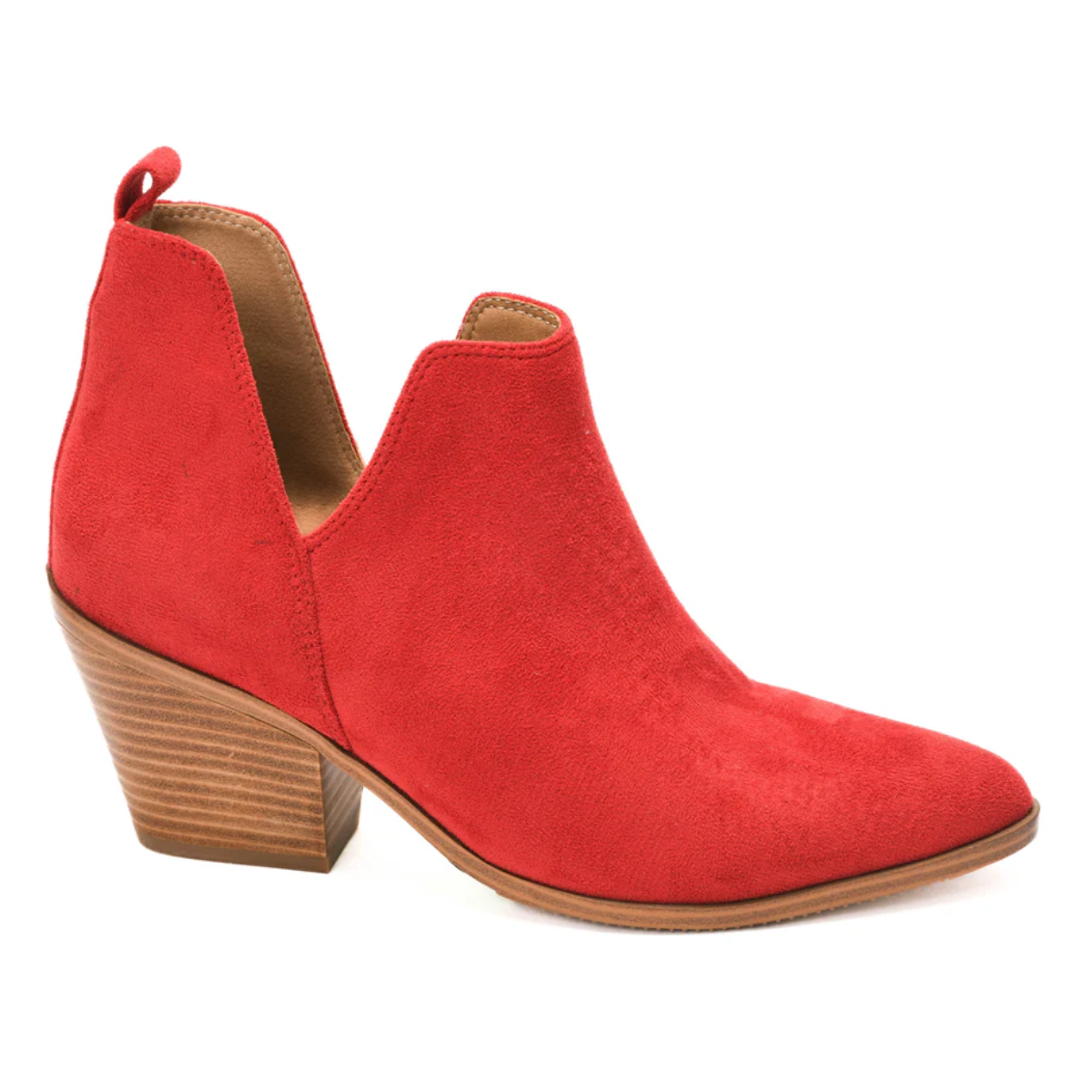 A red suede ankle boot with a wooden stacked heel and V-cut design on the sides, perfect for your Sassy Pants Ankle Boot in Red by Corky's from CORKY'S FOOTWEAR INC collection.