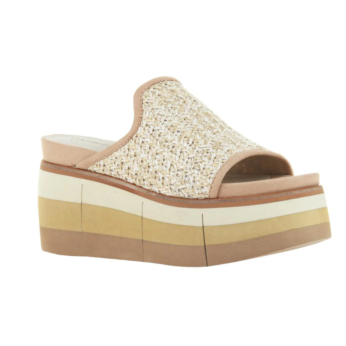 The Flocci Platform in Beige Rattan by Naked Feet from Consolidated Shoe Co is a women's slip-on sandal featuring a woven upper design, open toe, and multiple layers of brown and beige tones in the sole, epitomizing luxury athleisure.