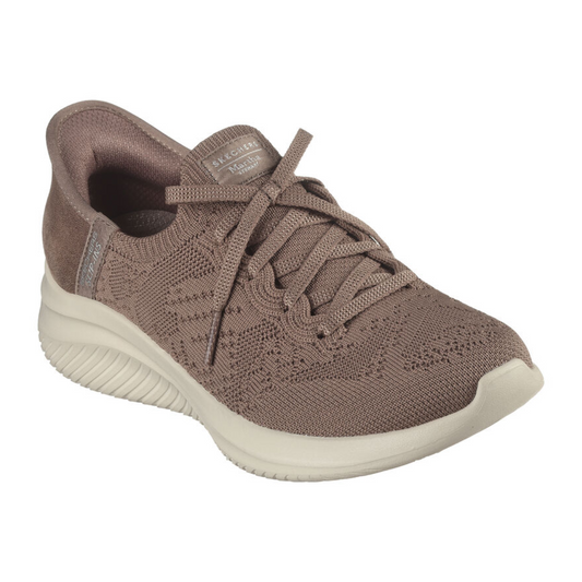 The Martha Stewart Ultra Flex Slip Ins in Mocha by SKECHERS USA INC features a brown knitted design, complete with a white sole and laces, and is designed for comfort with Air-Cooled Memory Foam. The product is showcased from a front-side angle.