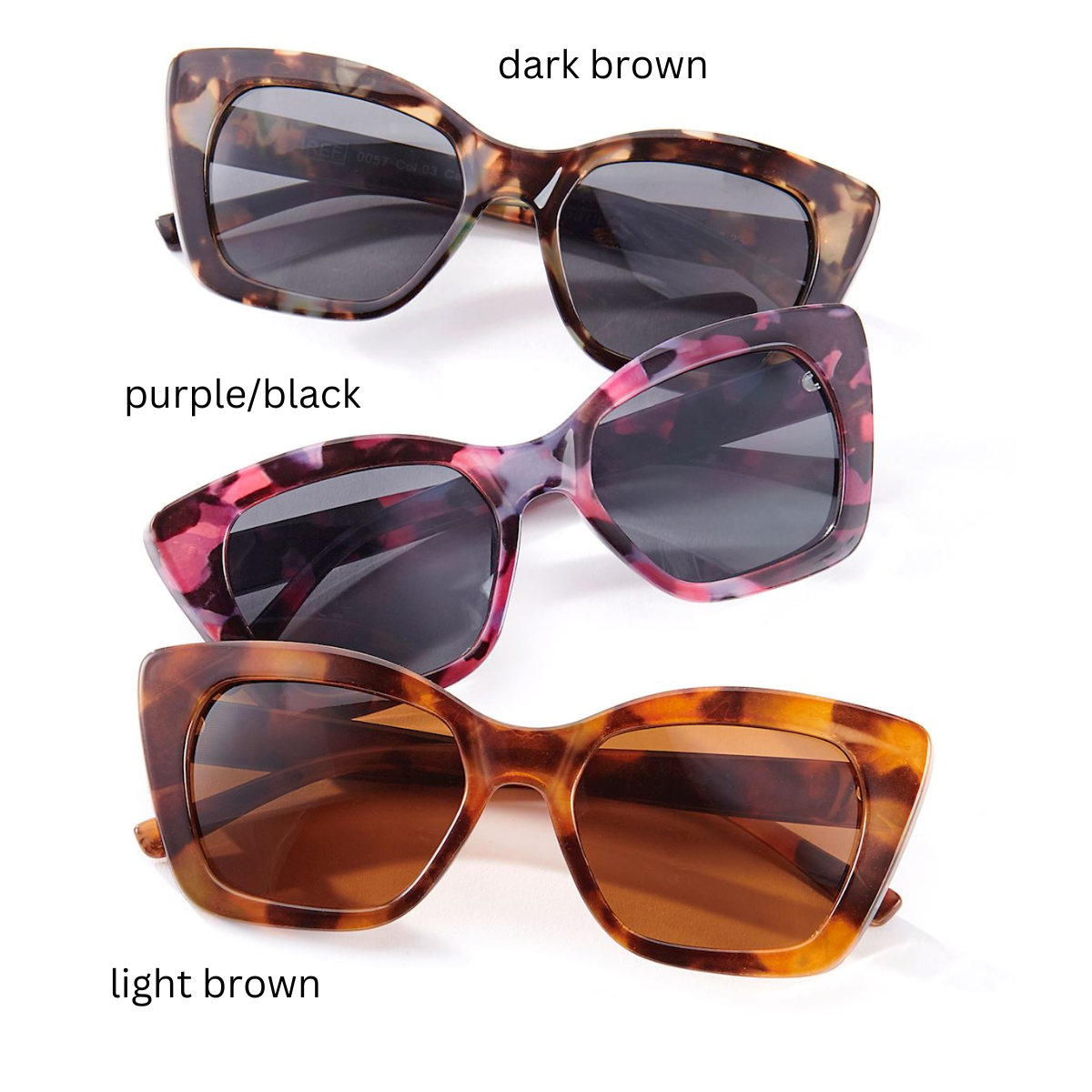 Three pairs of stylish shades: dark brown at the top, purple/black in the middle, and light brown at the bottom. Perfect for any occasion, these Women's GIFTCRAFT Sunglasses in Case - Asst Colors - Large Case (476766) come with a protective hardcover case. Main image