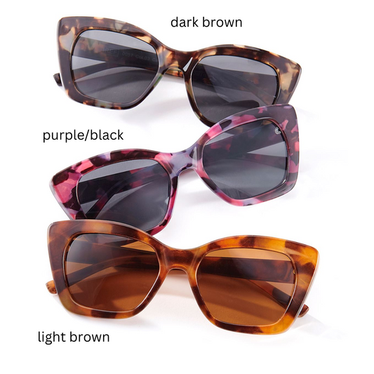 Three pairs of stylish shades: dark brown at the top, purple/black in the middle, and light brown at the bottom. Perfect for any occasion, these Women's GIFTCRAFT Sunglasses in Case - Asst Colors - Large Case (476766) come with a protective hardcover case.