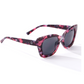 A pair of Women’s Square Sunglasses by GIFTCRAFT, featuring dark lenses and a pink and purple tortoiseshell pattern on the frames, complete with a large protective hardcover case. Product Name: Sunglasses in Case - Asst Colors - Large Case - 476766.