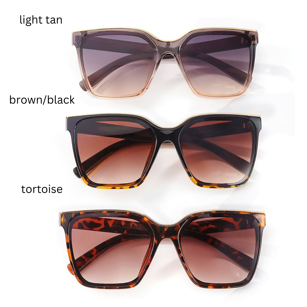 Three stylish pairs of sunglasses in various colors—light tan, brown/black, and tortoise. Each pair includes a protective hardcover rectangular case to keep your GIFTCRAFT Sunglasses with Case - Asst Colors - 476764 safe and scratch-free. Main image