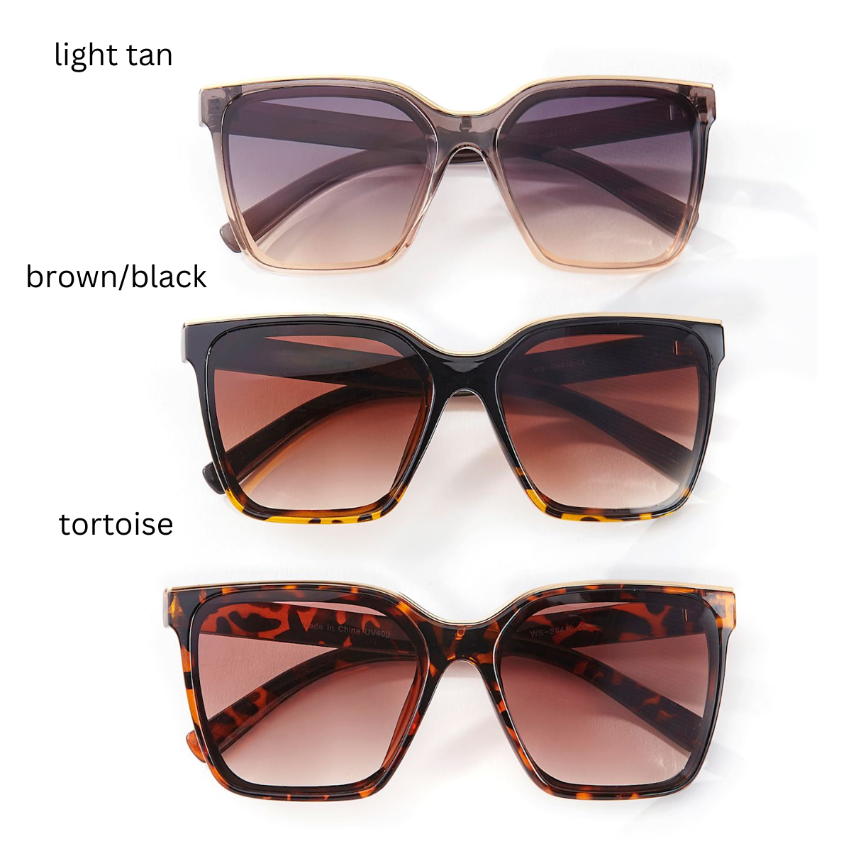 Three stylish pairs of sunglasses in various colors—light tan, brown/black, and tortoise. Each pair includes a protective hardcover rectangular case to keep your GIFTCRAFT Sunglasses with Case - Asst Colors - 476764 safe and scratch-free.