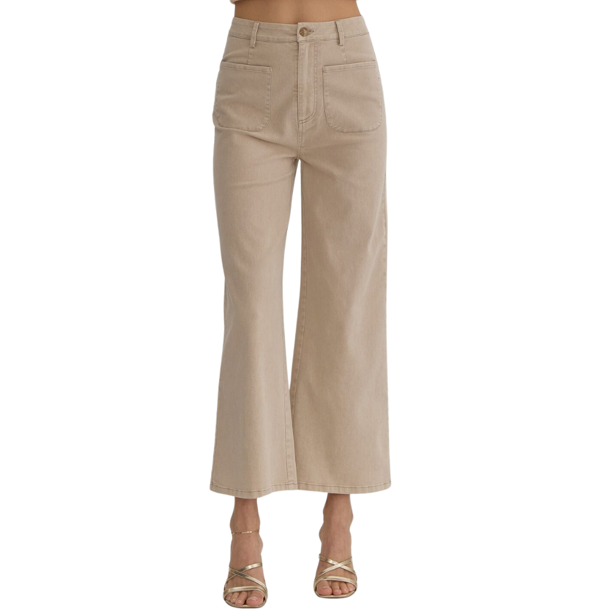 An individual dressed in Entro's Wide Leg Cotton Spandex Pants featuring a high waist, beige color, button and zipper closure, front pockets, paired with beige strappy heels.