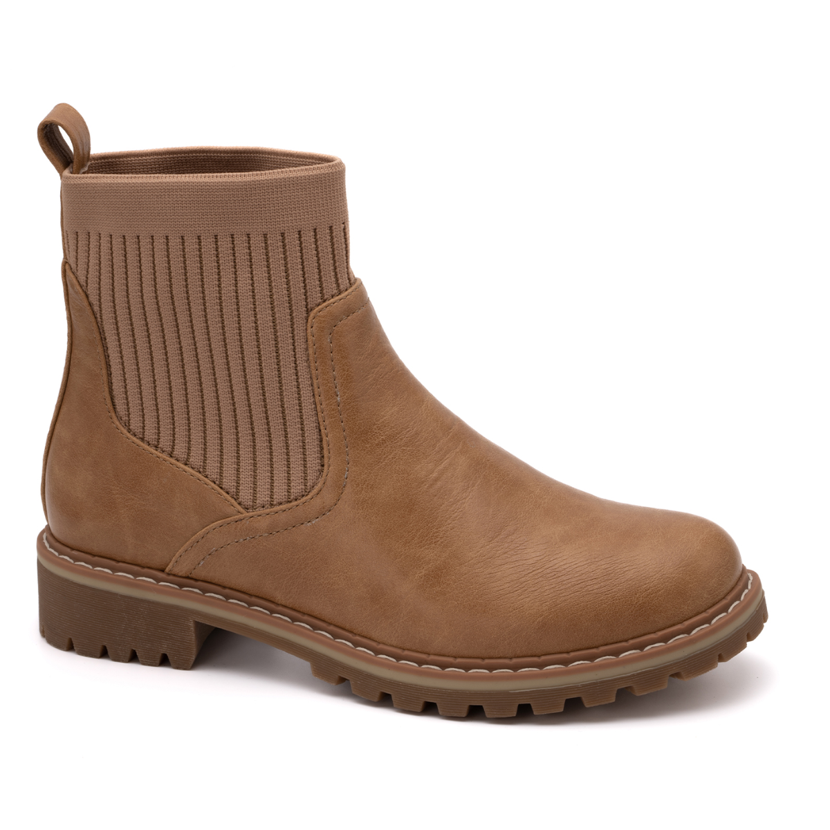 The Cabin Fever Boot in Caramel by Corky's Footwear Inc is a tan leather ankle boot featuring a ribbed elastic side panel, a pull tab at the back, and a rugged sole. These versatile booties offer elevated style for any occasion.