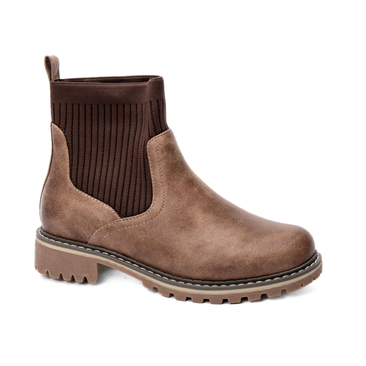 A single tan Cabin Fever Boot by Corky's, featuring a ribbed fabric upper section, pull-tab, and a thick, rugged sole, shown against a white background. These versatile booties by CORKY'S FOOTWEAR INC are the perfect fall staple.