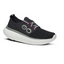 The Oohmy Stride in Black/White by OOFOS LLC is a black athletic sneaker with a breathable stretch upper, gray logo, gray laces with pink-accented eyelets, and a thick white sole for impact absorption.