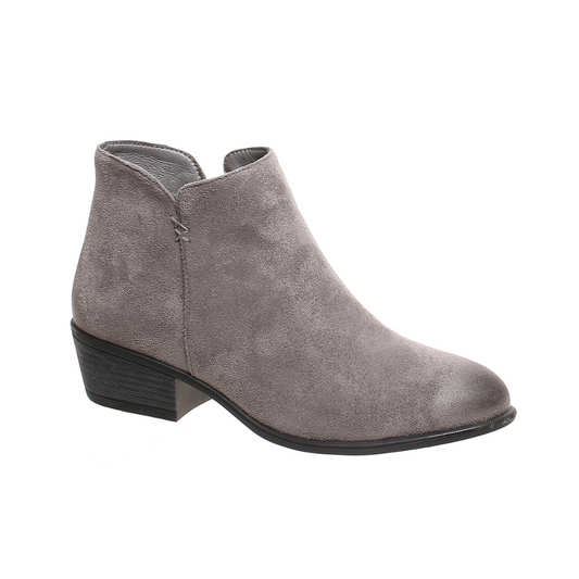 A pair of May-24 Boots in Gray by Pierre Dumas from OLEM SHOE CORP, featuring a low block heel and a convenient side zipper.