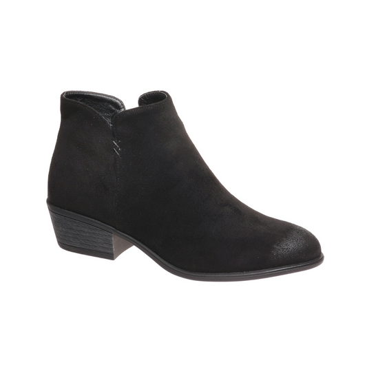 The May-24 Boot in Black by Pierre Dumas, from OLEM SHOE CORP, is a black ankle boot with a low block heel and rounded toe. It features a faux suede upper for an effortlessly chic look. These stylish pull-on booties are perfect for any occasion, offering both comfort and versatility.