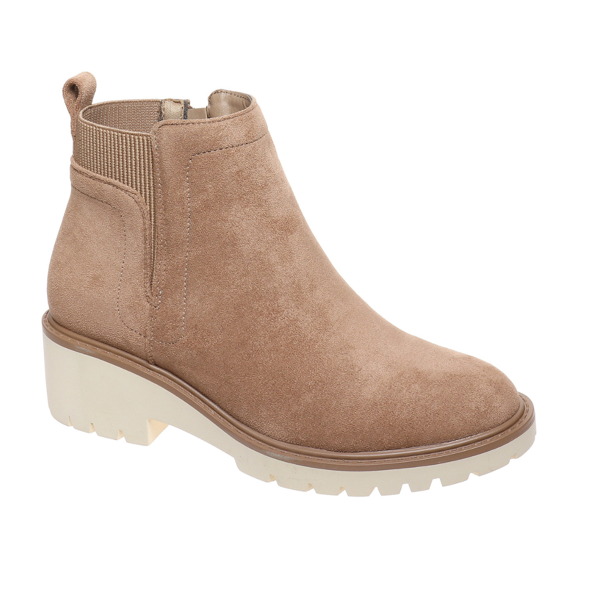 A women's Fall footwear essential, the Danielle-5 Boot in Taupe by Pierre Dumas from OLEM SHOE CORP features a tan suede upper, beige rubber sole, and side zipper closure.