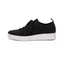 A side view of the black Rally e01 Knit Tennis Shoes by FITFLOP USA LLC, featuring a white speckled sole, highlights the future of sustainable footwear.
