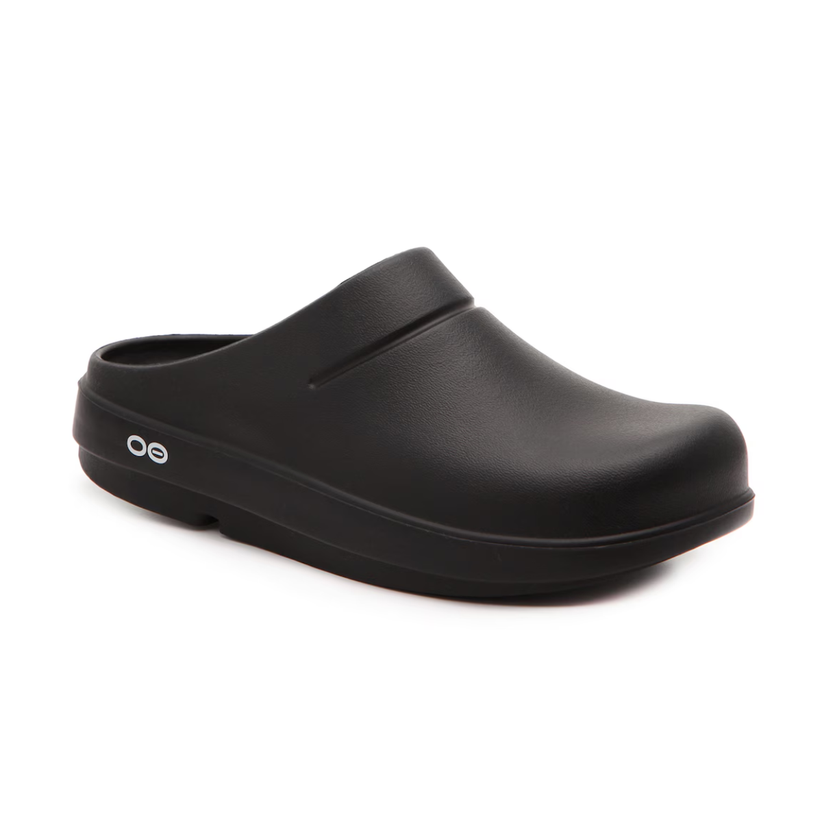 The Oocloog Clog in Black by OOFOS LLC offers comfort with a thick sole and small embossed heel logo, ideal for daily wear. Main image