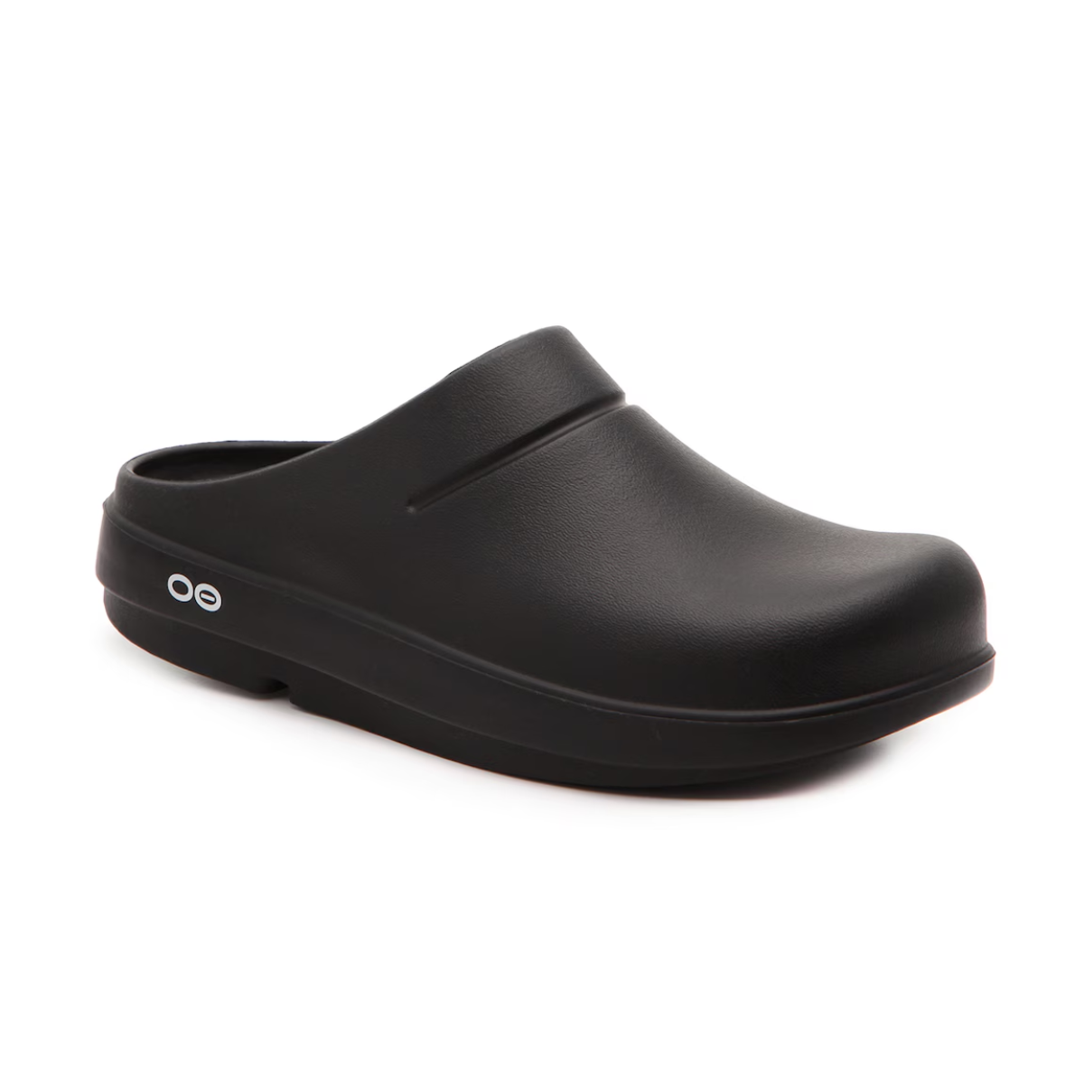 The Oocloog Clog in Black by OOFOS LLC offers comfort with a thick sole and small embossed heel logo, ideal for daily wear.