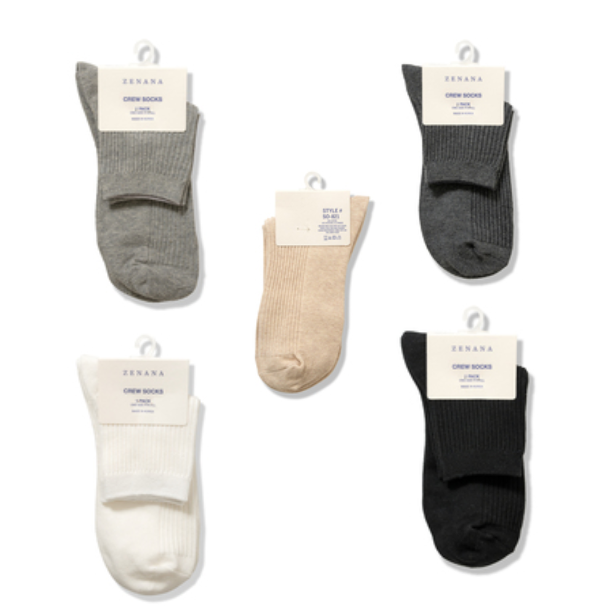 Five pairs of Zenana Ribbed Crew Socks in various colors (gray, dark gray, beige, white, and black) are displayed on a white background. Each pair is still attached to its packaging and crafted from a soft blend of cotton and spandex for ultimate comfort. Main image