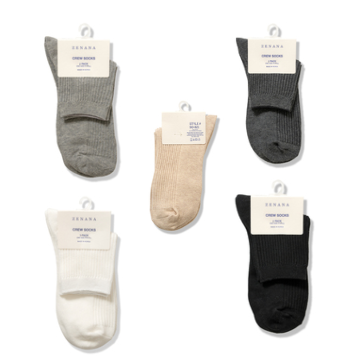 Five pairs of Zenana Ribbed Crew Socks in various colors (gray, dark gray, beige, white, and black) are displayed on a white background. Each pair is still attached to its packaging and crafted from a soft blend of cotton and spandex for ultimate comfort.